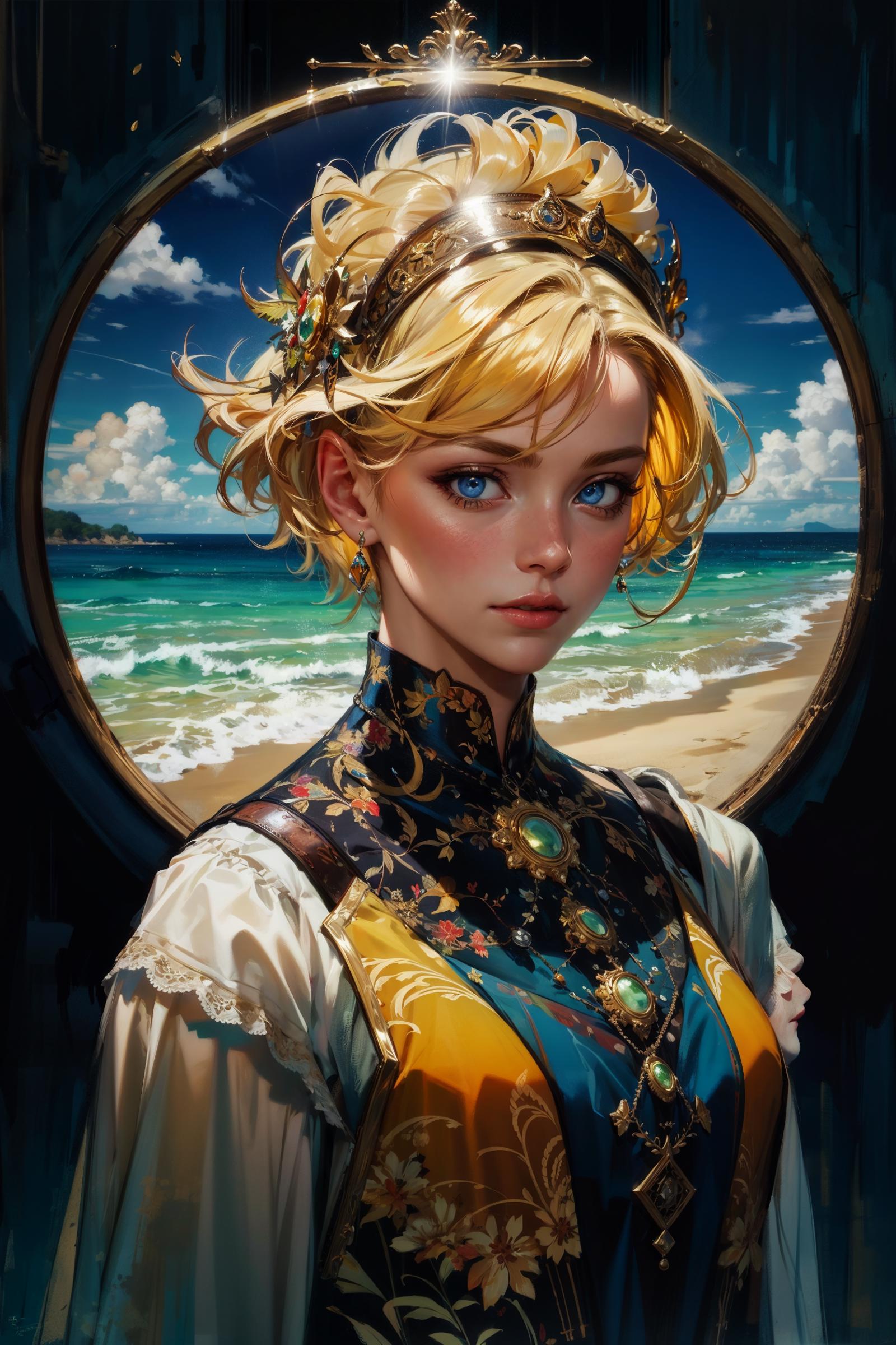 A young woman with blue eyes and blonde hair wearing a blue dress and a tiara, looking out at the ocean.