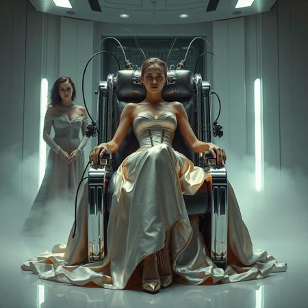 A slender, arrogant  rich norvegian bride, reclined in a polished steel restraint fetish chair, dressed in a luxurious, rich fantasy satin wedding gown with a fitted, boned corset accentuating her ultra-thin waist.and a full, flared skirt, paired with satin high heels, orgasm face. The massive electrodes holding her head pressed to the steel restraint chair headrest,  cabled to a  futuristic superconputer rack. Her hands and ankles are bound to the steel restraint chair   by massive steel restraints,   weird fog from the floor. Two  tall french maids at background. The scene is set in a sterile, empty chamber, with a glossy mother-of-pearl finish, evoking a sense of futuristic dread. Inspired by the cinematic styles of Ridley Scott, Guillermo del Toro, and H.R. Giger, with a blend of sci-fi and horror elements, this full-body portrait is a masterpiece of cinematic storytelling, shot on a virtual v-raptor XL camera, with a warm, film-grained aesthetic, subtle vignette, and rich color grading, reminiscent of 35mm film, with dramatic, atmospheric lighting, inviting the viewer to immerse themselves in this epic, stunning scene.