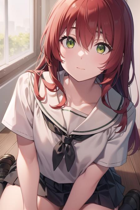 kitaikuyo, <lora:ikuyokitatest:1>, ikuyo kita, (green eyes:1.5), hair between eyes, long hair, one side up, red hair, (flat chest:1.2),
BREAK black footwear, black skirt, grey sailor collar, pleated skirt, sailor collar, school uniform, shoes, short sleeves, shuka high school uniform, skirt,,
BREAK looking at viewer,
BREAK indoors, classroom,
BREAK <lora:GoodHands-vanilla:1>, (masterpiece:1.2), best quality, high resolution, unity 8k wallpaper, (illustration:0.8), (beautiful detailed eyes:1.6), extremely detailed face, perfect lighting, extremely detailed CG, (perfect hands, perfect anatomy),