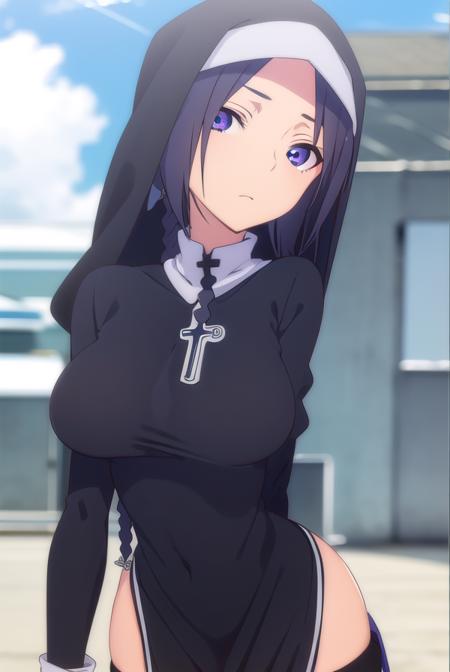 yae shinatsuhiko, long hair, (purple eyes:1.1), braid, thighhighs, striped, cross, striped thighhighs, nun, habit, long sleeves, dress, jewelry, boots, necklace, side slit,