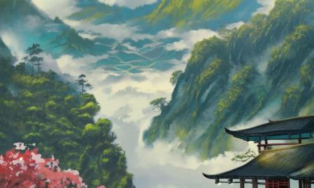 <lora:rog_mountain:1>rog_mountain, scenery. water, cloud sky,forest, traditional Asian architecture