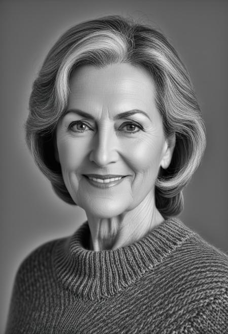 Mature Woman, housewife, dressed in sweater,, Close-up portrait, greyscale portrait, Linkedin profile picture