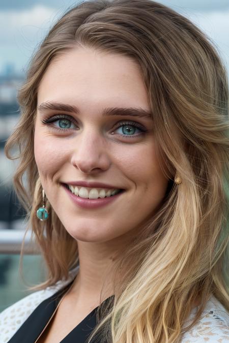 Professional photograph of GW Woman, close up, portrait, she has long blonde hair combed to the sides, she's standing on the balcony of her apartment in London, smiling at the viewer, ((toothy smile)) wearing earrings, red lipstick and eyeliner, it's a toothy smile, light green eyes with beautiful iris. She's wearing a (black sundress). (landscape view of London city in the background), cloudy sky, ray-tracing, sunrays, photorealistic, 4k, 8k, masterpiece, by bokeh, absurdres, highest quality <lora:GaiaWeiss-1599-byMal:1>