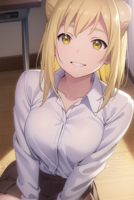 hikaritakanashi, <lora:hikari takanashi s1-lora-nochekaiser:1>,
hikari takanashi, medium hair, blonde hair, (yellow eyes:1.5), fang, hair bun, double bun, cone hair bun, smile, grin,
BREAK skirt, shirt, school uniform, white shirt, pleated skirt, brown skirt,
BREAK indoors, classroom,
BREAK looking at viewer, (cowboy shot:1.5),
BREAK <lyco:GoodHands-beta2:1>, (masterpiece:1.2), best quality, high resolution, unity 8k wallpaper, (illustration:0.8), (beautiful detailed eyes:1.6), extremely detailed face, perfect lighting, extremely detailed CG, (perfect hands, perfect anatomy),