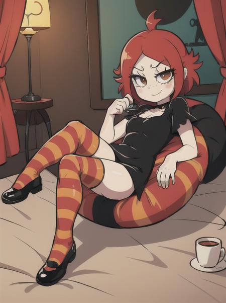 Ruby gloom, Red hair, spikey hair, fancy eyebrows, fancy eyelashes, freckles, blush, White skin, 4 fingers, chibi, black short dress, red and yellow striped thigh highs, black shoes, 