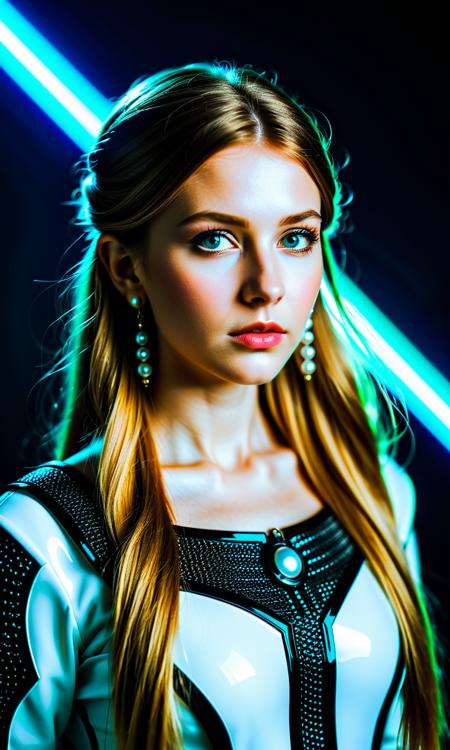cinematic still The colorful and bright scene is reminiscent of science fiction. The long-haired princess Zelda is dressed in intricate porcelain armor inspired by Vermeer's "Girl with a Pearl Earring." Her white, glowing eyes emit neon light, and the dynamic lighting creates a sense of speed and intensity. The background contrasts deep blacks with bright elements of a misty night. The dynamic scene emphasizes motion with streaks and enhances the feeling of swift movement. The photorealistic close-up portrait exudes a polished sci-fi aesthetic . emotional, harmonious, vignette, 4k epic detailed, shot on kodak, 35mm photo, sharp focus, high budget, cinemascope, moody, epic, gorgeous, film grain, grainy, The colorful and bright scene is reminiscent of science fiction. The long-haired princess Zelda is dressed in intricate porcelain armor inspired by Vermeer's "Girl with a Pearl Earring." Her white, glowing eyes emit neon light, and the dynamic lighting creates a sense of speed and intensity. The background contrasts deep blacks with bright elements of a misty night. The dynamic scene emphasizes motion with streaks and enhances the feeling of swift movement. The photorealistic close-up portrait exudes a polished sci-fi aesthetic, very inspirational, inspiring, rich dramatic full detailed perfect surreal complex composition, epic cinematic great fine detail, beautiful clear professional, spectacular quality, directed, real, highly exposed, sincere colors, artistic, pretty, scientific, shiny