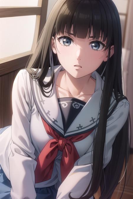 mikotokuga, <lora:mikoto kuga s1-lora-nochekaiser:1>,
mikoto kuga, long hair, bangs, black hair, blunt bangs, (black eyes:1.3),
BREAK skirt, long sleeves, bow, school uniform, white shirt, serafuku, black skirt, sailor collar,
BREAK indoors, classroom,
BREAK looking at viewer, (cowboy shot:1.5),
BREAK <lyco:GoodHands-beta2:1>, (masterpiece:1.2), best quality, high resolution, unity 8k wallpaper, (illustration:0.8), (beautiful detailed eyes:1.6), extremely detailed face, perfect lighting, extremely detailed CG, (perfect hands, perfect anatomy),