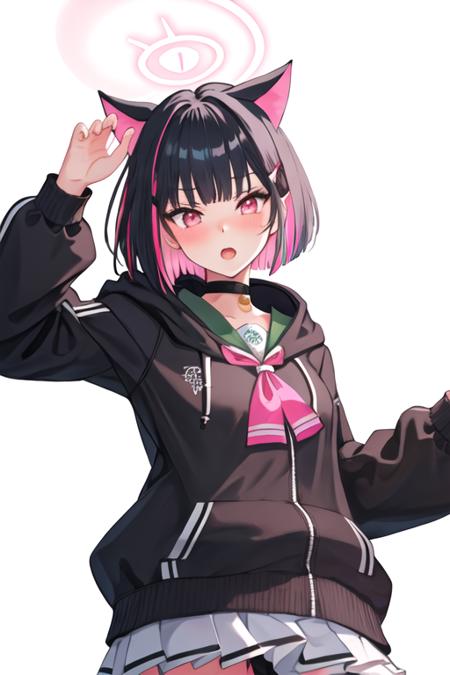 kazusa_bluearchive animal_ears, black_hair, multicolored_hair, short_hair, bangs, colored_inner_hair, pink_hair, halo, cat_ears, two-tone_hair, hair_ornament, blush, hairclip, red_eyes, pink_eyes