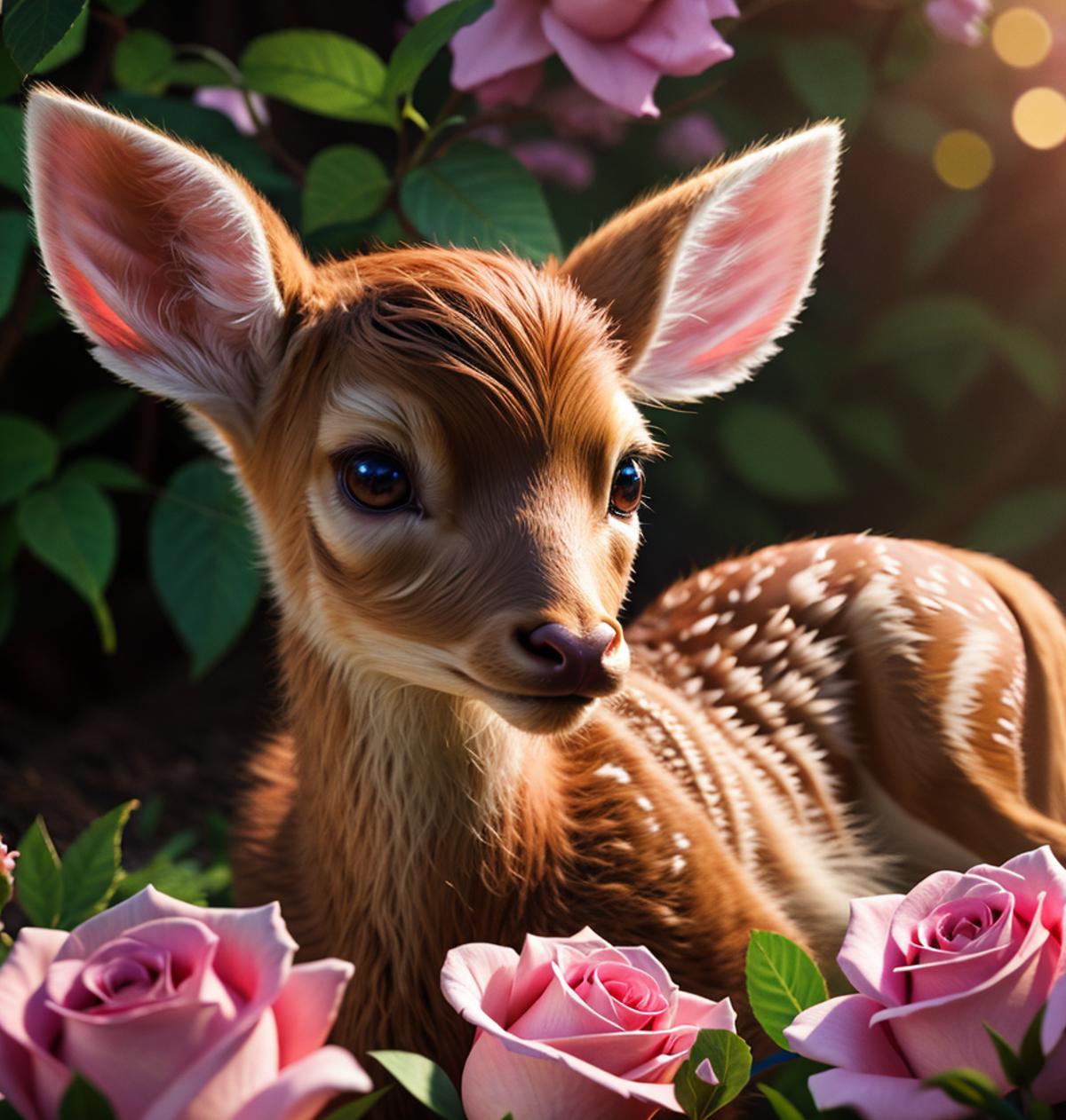 Deer with blue eyes sitting among pink roses in a garden.