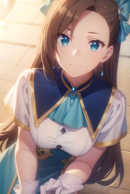 catarinaclaes, <lora:catarina claes s2-lora-nochekaiser:1>,
catarina claes, long hair, bangs, brown hair, blue eyes, asymmetrical bangs, smile,
BREAK hair ornament, gloves, dress, bow, jewelry, jacket, short sleeves, hair bow, earrings, white gloves, bracelet, ascot, blue dress, blue bow, brooch, high collar, long dress, blue ascot,
BREAK indoors,
BREAK looking at viewer, (cowboy shot:1.5),
BREAK <lyco:GoodHands-beta2:1>, (masterpiece:1.2), best quality, high resolution, unity 8k wallpaper, (illustration:0.8), (beautiful detailed eyes:1.6), extremely detailed face, perfect lighting, extremely detailed CG, (perfect hands, perfect anatomy),