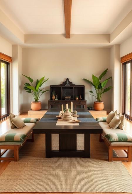 "A tranquil ritual room blending Japandi + Tropical styles with light wood and earth tones as the primary palette. At its center is a traditional dark wood dining table for 8-12, placed behind a rich wood altar adorned with handcrafted incense holders, candles, and fresh offerings, reflecting Japandi's spiritual minimalism.
The walls, painted soft beige with light grey accents, create a serene atmosphere. Lush green plants in terracotta pots add tropical vibrancy near the altar. Large windows, framed with bamboo blinds, allow natural light to diffuse gently, enhancing the open, airy feeling central to Japandi design.
Seating around the table includes light wood benches with cushions in soft green and beige, adding warmth and comfort. A woven rug in muted earth tones grounds the space, maintaining Japandi’s balance of simplicity and functionality while introducing the natural richness of Tropical decor.
Navy blue textiles as subtle accents—such as table runners—add depth, while woven baskets and ceramics enhance the natural materials throughout, bringing together the organic warmth of Tropical and the minimalist elegance of Japandi in a cohesive, harmonious design."