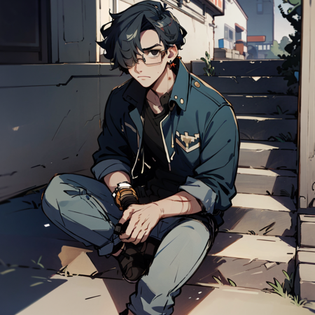 solo, 1boy, handsome,nate moore, sitting on steps, bruised, glasses, bangs cover one eye