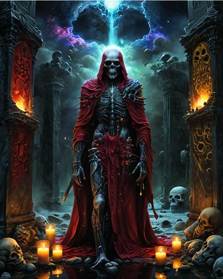 lich standing before a marble crypt, water, reflections, blood, realistic photo, hard science fiction, technology,  deepest black space, stars, colorful nebula, glowing runes, white skulls, candles, torches, jewels, brilliant color, scarlet, indigo, crimson, yellow, green,  <lora:add-detail-xl:0.75>,  <lora:xl_more_art-full_v1:0.5>   , ziprealism,   <lora:sdxl_lora_beksinski:0.9> b3ks1n