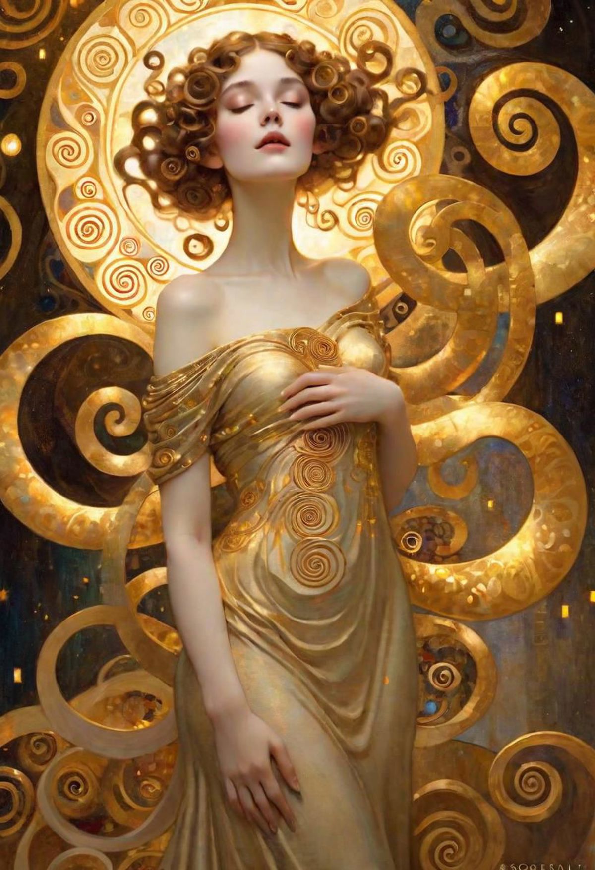 A golden woman with a pearl necklace.