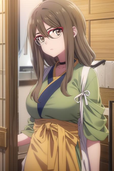 mizukinakahara, <lora:mizukinakaharas1-lora-nochekaiser:1>, 
mizuki nakahara, long hair, brown hair, (brown eyes:1.5), glasses, red-framed eyewear,
BREAK japanese clothes, choker, kimono, apron, black choker, waist apron, green kimono,
BREAK indoors, cafe, restaurant,
BREAK looking at viewer, (cowboy shot:1.5),
BREAK <lyco:GoodHands-beta2:1>, (masterpiece:1.2), best quality, high resolution, unity 8k wallpaper, (illustration:0.8), (beautiful detailed eyes:1.6), extremely detailed face, perfect lighting, extremely detailed CG, (perfect hands, perfect anatomy),