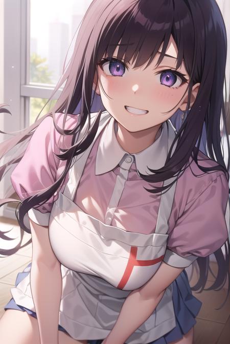 mikan tsumiki, long hair, purple hair, (purple eyes:1.1), bangs, blunt bangs, apron, bandaged leg, bandages, collared shirt, miniskirt, pink shirt, pleated skirt, puffy short sleeves, puffy sleeves, shirt, short sleeves, skirt, two-tone shirt, white apron, white shirt,