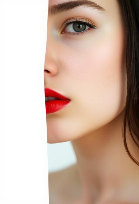 A captivating minimalist portrait of a shy and alluring woman. The left half of her face is visible, with her delicate features seamlessly merging into a blank canvas of white. Her soft, bright red lips contrast against the monochromatic background, drawing the viewer's attention. Her eyes hold a subtle, mysterious expression that exudes both haunting and enchanting vibes. The simplicity of the composition, with its stark contrast, evokes a sense of ethereal beauty. by Sasan