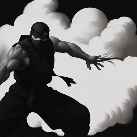 Ninja in a swift, decisive hand strike. Pictured in a high-contrast monochrome style reminiscent of anime or manga jitostyle, with bold lines, minimalist details, and splashes of negative space to fill contours. Focus on a front view, close-up composition, emphasizing the dynamic motion blur of the strike as if emerging from a cloud of thick smoke. The overall feel should be delicate yet powerful, with Impressionistic brushstrokes adding a sense of mystique and tension.