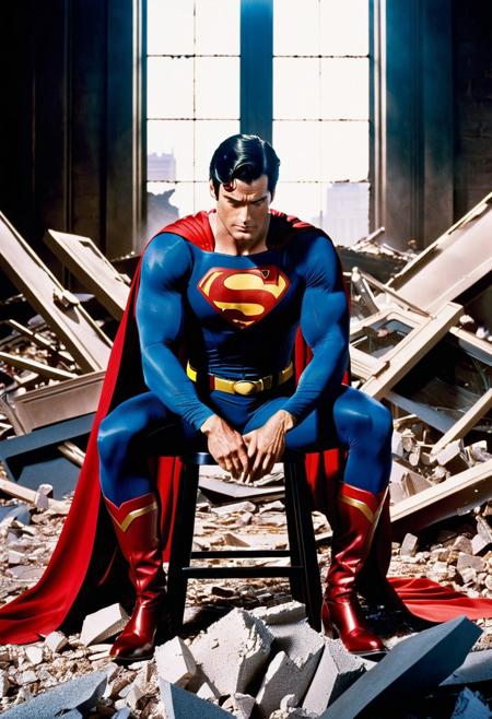 Superman, dressed in his iconic blue and red suit, sits in a worn, metallic chair, his elbows on his knees, hands clasped together, and his head tilted downward in a look of utter despair. A determined Lois Lane stands before him, dressed in a crisp, professional attire, her eyes locked intensely on the photograph, her hand extended, and her long pointer directed at a specific point on the image. The photograph, a grainy, high-contrast depiction of a collapsed building, dominates the whiteboard behind her, a mess of rubble, shattered glass, and twisted metal. The scene is bathed in warm, golden lighting, with deep shadows and a subtle film grain, evoking the look of a 35mm film still, shot on a v-raptor XL camera, with a slight vignette and masterful color grading, post-processed to perfection, reflecting the cinematic flair of legendary superman era of the 50's