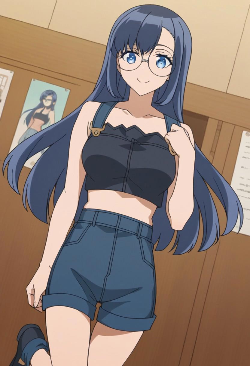 score_9, score_8_up, score_7_up, source_anime, <lora:touya-yamada-s1-ponyxl-lora-nochekaiser:1>, touya yamada, long hair, blue hair, blue eyes, round eyewear, glasses,, crop top, short shorts, shoes, black footwear, , indoors, smile, looking at viewer, solo,, cowboy shot, dutch angle