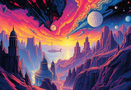 In the unpublished and breathtaking image (far beyond the unseeable) by Moebius, the essence of the Master's artistry shines through with remarkable clarity.  As your eyes wander across the canvas, you'll encounter a harmonious fusion of elements that defy convention and ignite the imagination. It is a visual symphony that stands as a testament to Moebius's boundless creativity. Vibrant and sublime colors dominate the image, bursting forth with a luminosity that captivates the viewer.