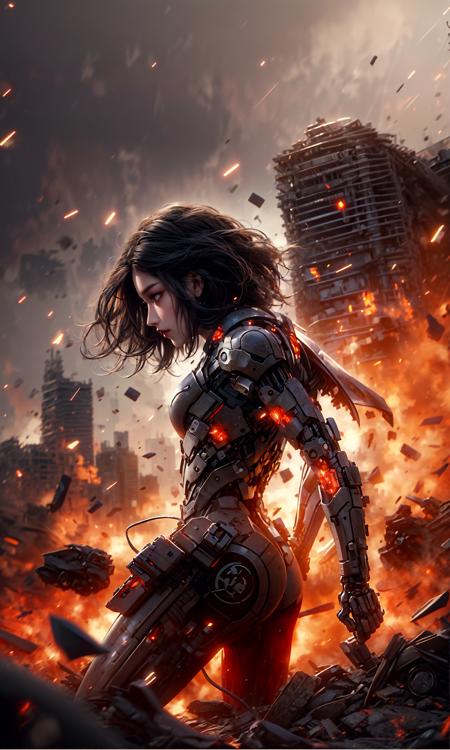 Epic CG masterpiece, hdr,dtm, full ha,8K, ultra detailed graphic tension, dynamic poses, stunning colors, 3D rendering, surrealism, cinematic lighting effects, realism, 00 renderer, super realistic, full - body photos, super vista, super wide Angle, HD
In a futuristic abandoned city, a girl with a huge mechanical arm is engaged in a fierce struggle with the enemy, Her name is Alita, a fighting angel from the future world, Her eyes are firm and resolute, showing the desire for victory, high-definition picture, real effect, hyper-realistic portraits, xiaofei yue, uniformly staged images, flat yet expressive, goth
(shard of glass:1.4)A shot with tension(sky glows cyan,Visual impact,giving the poster a dynamic and visually striking appearance:1.2),
<lora:~Q?-?N=XT Alita:0.8>