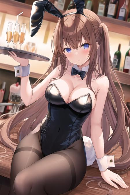 <lora:makise kurisu:0.4>, 1girl, alcohol, animal ears, bangs, bar, bare shoulders, black gloves, black leotard, bottle, bow, breasts, brown hair, champagne, champagne flute, cleavage, cocktail, cocktail glass, collarbone, crazy straw, cup, drink, drinking glass, drinking straw, fake animal ears, fake tail, flask, glass, holding bottle, ice, ice cube, leotard, long hair, looking at viewer, makise kurisu, pantyhose, playboy bunny, rabbit ears, rabbit tail, ramune, shelf, sitting, soda bottle, solo, strapless leotard, tail, tray, very long hair, water bottle, whiskey, wine, wine bottle, wine glass, wrist cuffs,