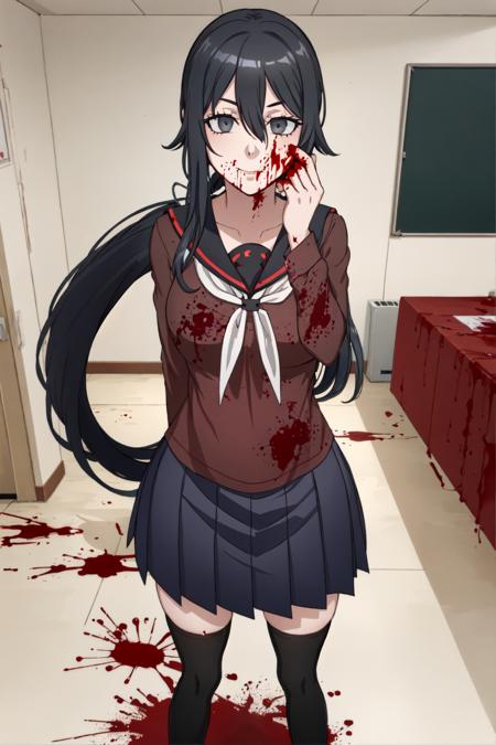 1girl,solo, ryoba, black_hair, long hair, grey_eyes, ponytail, floral print, dress,  school uniform, thighhighs, blood, blood on face