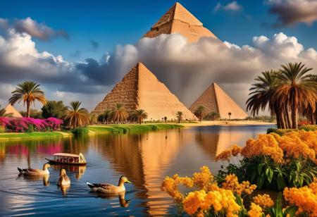 raw photo of [[[Khufu ship]]] sailing on small lake beside magnificent three pyramids of Giza appear clearly, ducks and geese swimming, papyrus plants, charm, full of life, Lively and energetic, 8K, rays of sun flow beyond heavy clouds, HDR, amazing world, pure perfection, autumn leaves, grass, flowers, jasmine flowers, palm trees, nebula horizon.