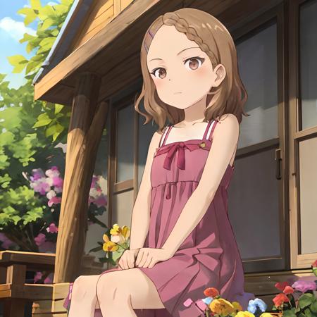 houjou_takagisan,  <lora:houjou_takagisan_v2:0.7> sundress, nature, sitting, hairclip, brown_eyes, flowers, sunbeam,, masterpiece, best quality