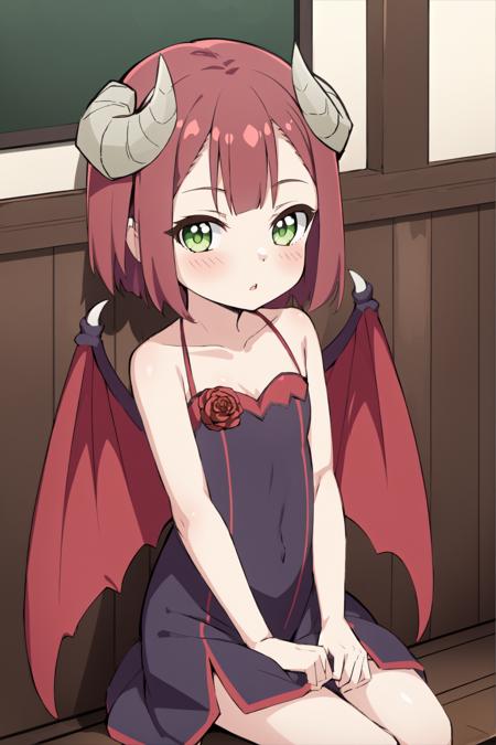 Mao, 1girl, solo, looking at viewer, blush, wings, horns, bangs, green eyes, demon girl, child, demon horns, demon wings, curled horns,  dress, bare shoulders, collarbone, parted lips, sleeveless, sleeveless dress, blush, indoors, school, sfw,