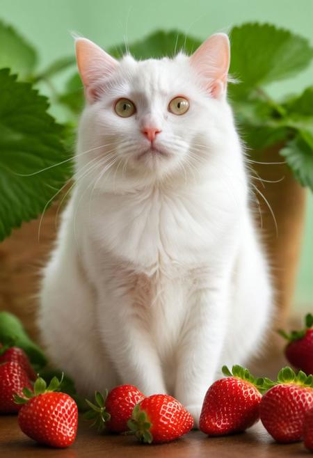Create an image of a whimsical creature that resembles a small kitten with the texture and color of a ripe strawberry. The creature's body and face are covered in strawberry red, with characteristic seed-dotted skin. It has green leaf-like structures mimicking ears and a ruff around its neck, as if the top of a strawberry was placed on its head. This kitten-like entity has round, innocent eyes, a small pink nose, and delicate white whiskers. Its pose is seated, with one paw slightly raised as if it were about to take a gentle step, and its tail curls behind its body, appearing plump and strawberry-like as well. Surrounding the creature are actual strawberries of a similar shade of red and with green caps, scattered on a glossy wooden surface. In the soft-focused background, hints of indoor plants in shadows create an almost ethereal setting. The overall atmosphere is quaint and charming, evoking a sense of magical realism. symmetrical cats eyes