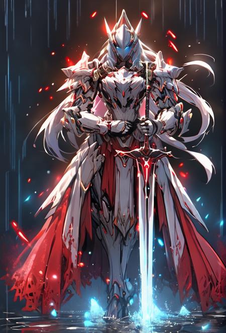 masterpiece, best quality,
1girl, armor, breastplate, faulds, full armor, full body, gauntlets, glowing, helmet, holding, holding sword, holding weapon, knight, long hair, pauldrons, planted, planted sword, rain, shoulder armor, solo, standing, sword, weapon
 <lora:Arcana_XL:1>