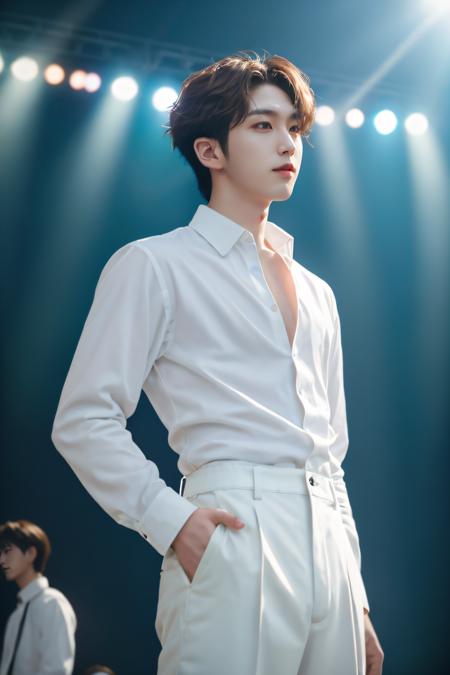 (1man:1.6),(male:1.6),<lora:ShinwonKo>,(male focus:1.4),solo,kpop,looking at viewer,short hair,brown hair,long sleeves,standing,white shirt,male focus,multiple boys,solo focus,pants,blurry,realistic,white pants,on stage,performance,perfect hands,backlight,subsurface scattering,absurdres,realistic proportions,perfect lighting,85mm lens,side lighting,(vibrant colors),film still,HDR,photographed by Canan EOS R6,135mm,1/1250s,f/2.8,ISO 400,photorealistic,sharp focus,