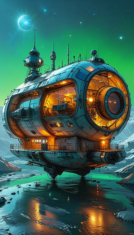 (cel-shading:2)+, (in ARTIST style:1.6), (masterpiece:1.7),  night, glow neon,
hyperrealism, glossy, shinny, clear image, accurate picture, clear picture, precise image, focused image, Science fiction style, Science fiction,
(extremely detailed 32k UHD RAW photo depicting a concept art of futuristic space station floating in space, donut shape, astroengineering megastructure, crisp digital render, reflective textures, intricate details, shine, glass, glow neon green, high resolution, extremely delicate detail. The scene in professional detail and perfect proportions, Extremely detailed hull. Sharp picture. Taken by a national geographic photographer with DSLR. Detailed hull. High resolution hull. Detailed windows) <lora:MJ52:0.8>, 
night, glow neon,
(masterpiece:1.8), (highest detailed:1.8), perfectly lighted, (contrast), (saturated), (((sharp focus))),
(hyperdetailed:1.3), (intricate details:1.2), (Refined details:1.3), (best quality:1.5), highly detailed textures, vibrant colors,
(ultra sharp focus:1.8), (detailed texture:1.8), (detailed edges:1.8), (thin lines:1.8), (best quality:1.8),
<lora:Apparatus_-_Traction_City_Walkers_Vehicles:0.8>,