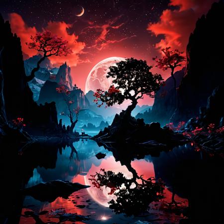 <(100 megapixel, he ethereal beauty of a mystical landscape under the red moonlight. The scene should be illuminated by a large, radiant moon, casting its glow upon a twisted, yet majestic tree with blossoms that seem to sparkle in the night. The treeâs roots should be deeply embedded into rocky terrain, symbolizing its ancient existence. In the background, towering mountains loom, their peaks veiled in mist. A serene lake at the foot of the mountains reflects the moonâs luminescence. Incorporate elements that evoke a sense of magic and mystery.
<(detailed image, deep color, fantastical, intricate detail, splash screen, complementary colors, fantasy concept art, 8k resolution):0.9>,
<lora:add-detail-xl:1>,