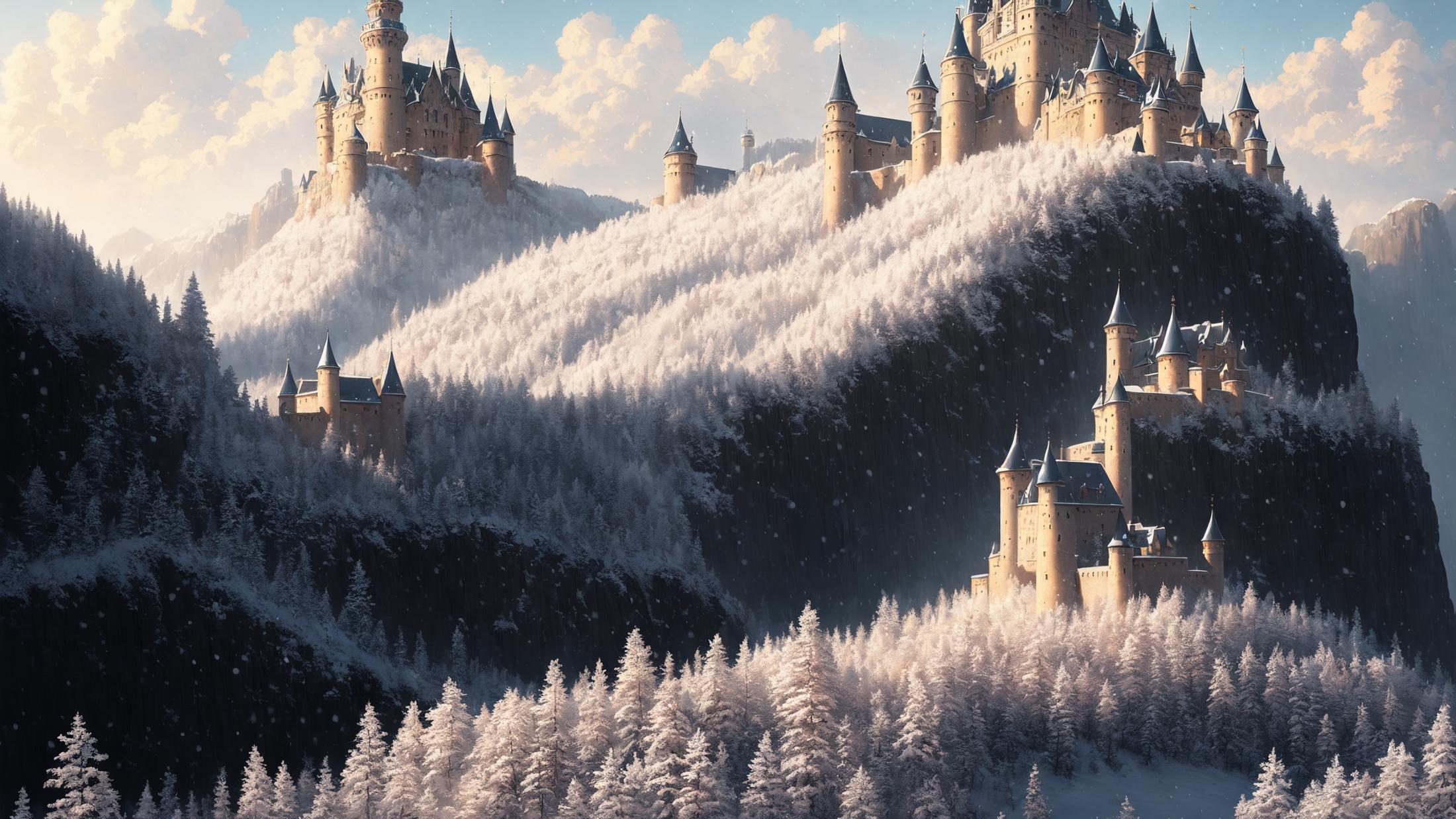 (extremely detailed CG unity 8k wallpaper), full shot photo of the most beautiful artwork of a medieval castle, snow falli...