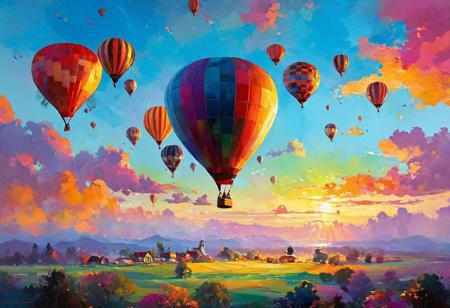 Create a dreamy scene with hot air balloons drifting across the sky. Play with whimsical patterns and colors to make the balloons appear magical and fantastical. style of Scott Naismith, Floris Arntzenius, John Salminen