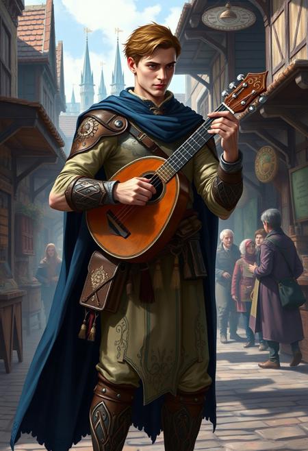 “Design a tall, thin, and attractive human male in his early 20s, playing the lute. He is a level 3 Bard in a Dungeons & Dragons fantasy setting. Dressed in light leather armor with intricate patterns, a flowing dark-blue cloak, and a satchel filled with parchment and musical notes at his side, he stands in a vibrant, medieval marketplace. His lute is finely crafted with decorative inlays, and he strums it confidently, enchanting the onlookers around him. The background features cobblestone streets, wooden stalls, and distant towering spires. The atmosphere feels alive with magic and music.”