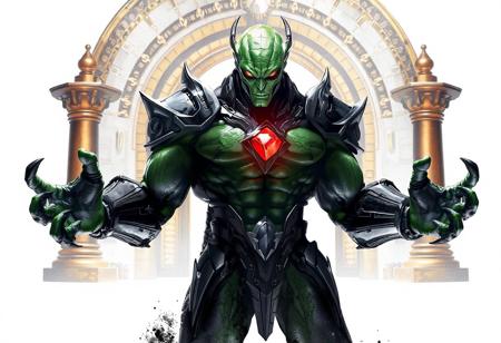 "A muscular green Lazion, a Timelord alien, stands center stage in a stark white void. Its black and silver armor clads torso and arms, glowing with a red gem on the chest that pulses with energy. The Lazion’s arms are outstretched, fingers curled as if ready to strike, while its face is rendered with super detailed eyes and a fierce expression. The background, 'Treasures of the Kings,' features a golden archway and ancient relics, contrasting with the alien’s monochrome ensemble. Lighting is dramatic, casting sharp shadows and highlighting the armor’s metallic sheen. The composition balances dynamic action with intricate design, evoking a sense of power and mystery. Style: Raphael’s fluidity meets Houdini’s precision, with a splash ink illustration texture. The image is crafted in Unreal Engine 5, ensuring lifelike details and a golden ratio layout."
