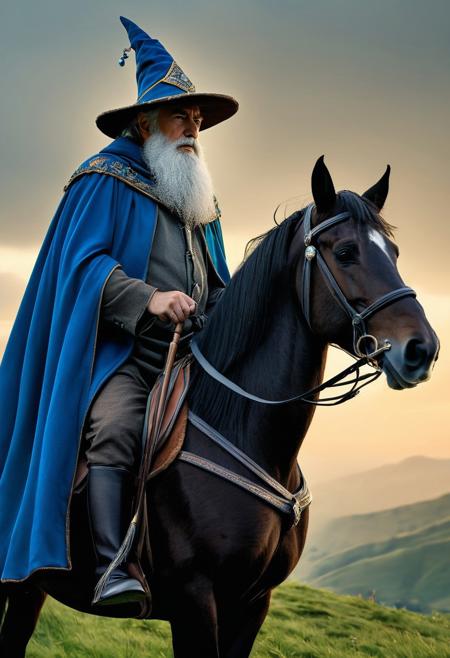 realistic, extremely high quality RAW photograph, intricate, Exquisite details and textures, highly detailed, ultra detailed photograph, 4k, high resolution, an old wizard with a grey beard, a blue pointed hat, a blue wizard cape, a wooden scepter with a blue gem set in it, a wizard riding a brown horse, a horse riding on a green hill at dusk