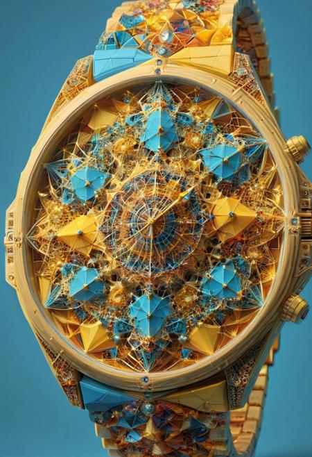 colorful, fractals, geometric shapes, stars, vibrant colors, yellow theme, light blue theme, geometric, ral-frctlgmtry, wristwatch, gems