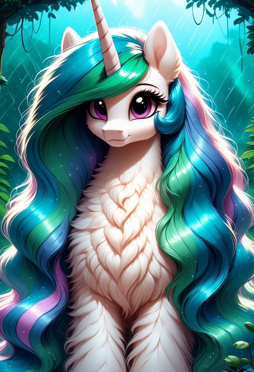 score_9, score_8_up, score_7_up,MegaFluffyPony, furry, fluffy, egirl (princess celestia (mlp) 1.2), cute, very fuzzy, loose hair flowing hair Maine rainforest raining