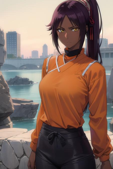 yoruichishihouin, <lyco:yoruichishihouin-lyco-nochekaiser:1>,
yoruichi shihouin, long hair, (yellow eyes:1.5), ponytail, purple hair, dark skin, (dark-skinned female:1.5),
BREAK bodysuit, black bodysuit, bodysuit under clothes, (orange shirt:1.5), long sleeves,
BREAK outdoors,
BREAK looking at viewer, (cowboy shot:1.5),
BREAK <lyco:GoodHands-beta2:1>, (masterpiece:1.2), best quality, high resolution, unity 8k wallpaper, (illustration:0.8), (beautiful detailed eyes:1.6), extremely detailed face, perfect lighting, extremely detailed CG, (perfect hands, perfect anatomy),