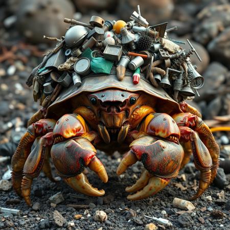 A front view of a giant hermit crab on top of its shell is an hapazard piled assortment of items including metal junk, plastic junk, and textile junk, the back of the hermit crab has pile of garbage full of metal items and refuse. The hermit crab has a dynamic pose and looks ready to fight the viewer