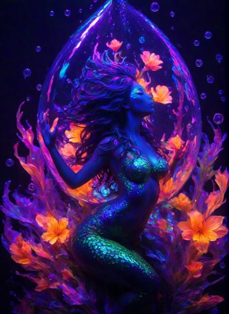 <lora:PE_NeonUV Style:0.8> PENeonUV, blacklight, neon,
beautiful mermaid inside a Shimmering Water droplet, bursting open,
vivid colors, sunset, silhouette, double exposure, flower petals in the air, glowing algae,