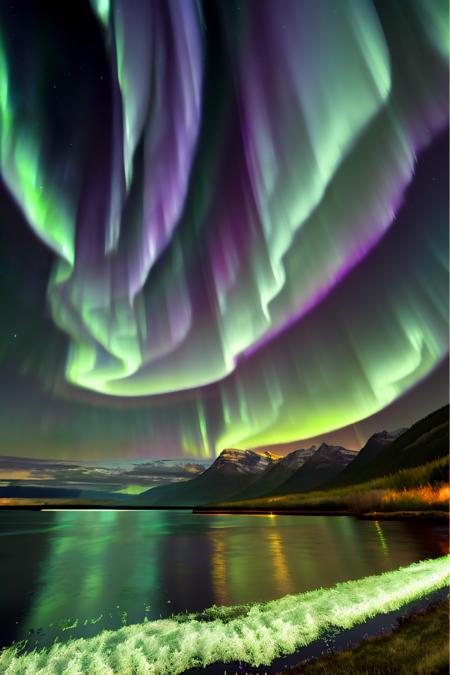 Mesmerizing aurora borealis dancing in the night sky, landscape:0.7, celestial beauty:0.6, natural phenomenon:0.5, ethereal  , wallpaper_X