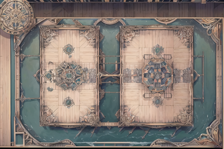 (map),a boat floating on top of a body of water, <lora:SeaMap-10:0.65>,Boxes, barrels, food, cannons, cannonballs, barrels with gunpowder, (exotic decorations)