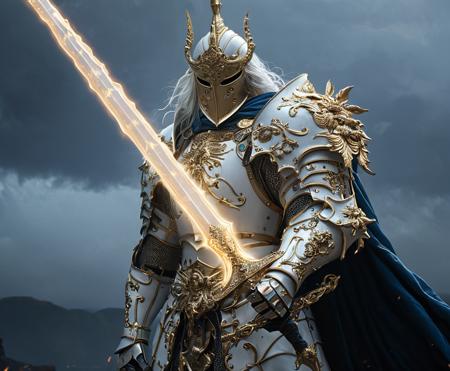 cinematic still A stunning, highly detailed dark fantasy full body illustration of a proud angelical warrior wearing intricate medieval white HKStyle armor and an epic white ornamented mask, holding a great golden glowing sword, golden and blue glooming eyes, very wide shoulders, wearing big gauntlets, epic composition. The warrior stands heroic with a flowing cloak and white hood during a storm with foggy gloom, thunderclouds in the background . The scene depicts him with brooding emotional agony , style by Greg Rutkowski, by Milo Manara and Russ Mills, with insanely intricate details and textures, gloomy dramatic lighting, 8K resolution . emotional, harmonious, vignette, 4k epic detailed, shot on kodak, 35mm photo, sharp focus, high budget, cinemascope, moody, epic, gorgeous, film grain, grainy, (masterpiece), (best quality), (ultra-detailed), A stunning, highly detailed dark fantasy full body illustration of a proud angelical warrior wearing intricate medieval white HKStyle armor and an epic white ornamented mask, holding a great golden glowing sword, golden and blue glooming eyes, very wide shoulders, wearing big gauntlets, epic composition. The warrior stands heroic with a flowing cloak and white hood during a storm with foggy gloom, thunderclouds in the background . The scene depicts him with brooding emotional agony , style by Greg Rutkowski, by Milo Manara and Russ Mills, with insanely intricate details and textures, gloomy dramatic lighting, 8K resolution, illustration, disheveled hair, detailed eyes, perfect composition, moist skin, intricate details, earrings, by wlop, A stunning, highly detailed dark fantasy full body illustration of a proud angelical warrior wearing intricate medieval white HKStyle armor and an epic white ornamented mask, holding a great golden glowing sword, golden and blue glooming eyes, very wide shoulders, wearing big gauntlets, epic composition. The warrior stands heroic with a flowing cloak and white hood during a storm with foggy gloom, thunderclouds in the background. The scene depicts him with brooding emotional agony, style by Greg Rutkowski, by Milo Manara and Russ Mills, with insanely intricate details and textures, gloomy dramatic lighting, 8K resolution, artistic, perfect cinematic color, vibrant deep colors, complex, extremely aesthetic, enhanced quality, glorious, handsome, pure rational, clear, accepted