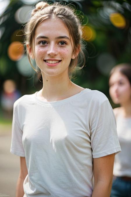professional photo, masterpiece, extremely detailed, cute college girl,blonde hair, bun, white T-Shirt, perky round breasts, pale skin, light green eyes, detailed skin, innocent, nervous pose, natural lighting, summer, sexy, charming, stunning, enhance, delicate, (pale skin, real_skin), sunlight, golden hour, film grain, (bokeh:1.3), sharp focus on subject, laughing, braless, erect nipples, huge nipples,cute small face, pointy chin, thin face, freckles, embarrassed, nose blush, blush, perfect eyes, light smile,(tanlines),freckles, perfect white teeth, narrow waist, swooping breasts, ray tracing, intricate details, highly detailed, <lora:real_skin:0.7> skin,
